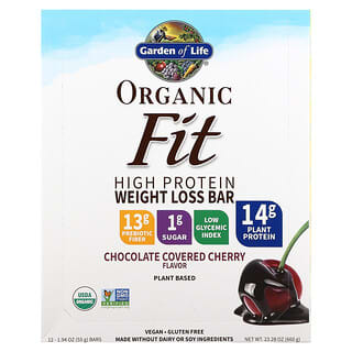 Garden of Life‏, Organic Fit, חטיף חלבון לירידה במשקל, דובדבנים בציפוי שוקולד, 12 חטיפים, 55 גרם (1.94 אונקיות) ליחידה