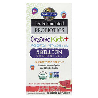 Garden of Life, Organic Kids+, Probióticos y vitaminas C y D, Sandía, 30 deliciosos comprimidos masticables para niños