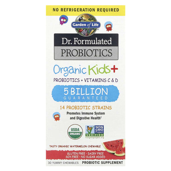 Dr. Formulated Probiotics, Organic Kids + Probiotics + Vitamins C & D Chewables, Tasty Organic Watermelon, 30 Yummy Chewables