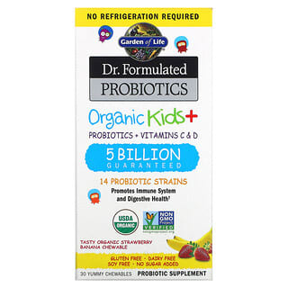 Garden of Life, Dr Formulated Probiotics, Organic Kids+, органические пробиотики для детей, со вкусом органической клубники и банана, 30 вкусных жевательных таблеток
