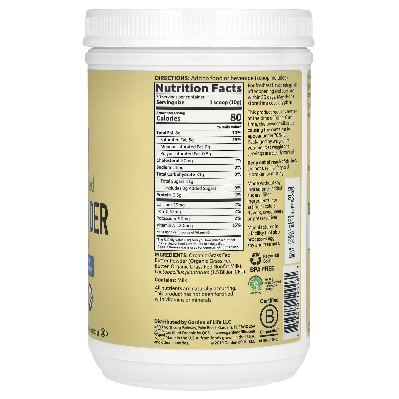 Garden of Life, Dr. Formulated Keto, Organic Grass Fed Butter Powder