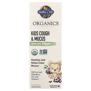 Garden of Life, Mykind Organics, dzieci na kaszel i śluz, syrop odpornościowy z liściem bluszczu, cynkiem i witaminą C, 116 ml