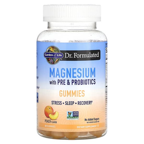 Garden of Life, Magnesium with Pre &amp; Probiotics Gummies, Peach, 60 Gummies