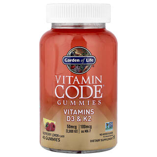 Garden of Life, Vitamin Code Gummies, Vitamins D3 & K2, Raspberry Lemon, 45 Gummies