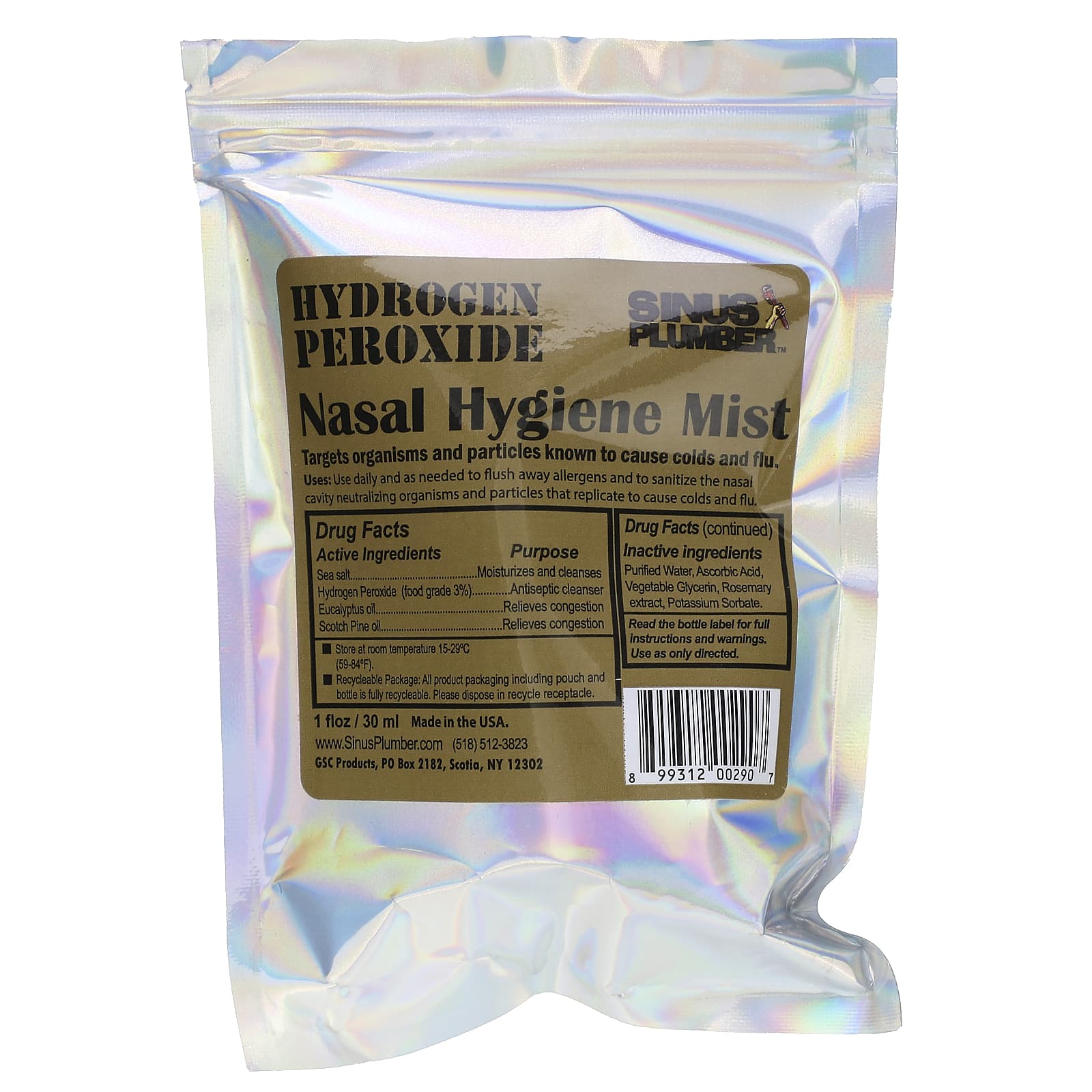 Greensations, Sinus Plumber, Hydrogen Peroxide Nasal Hygiene Mist, 1 fl