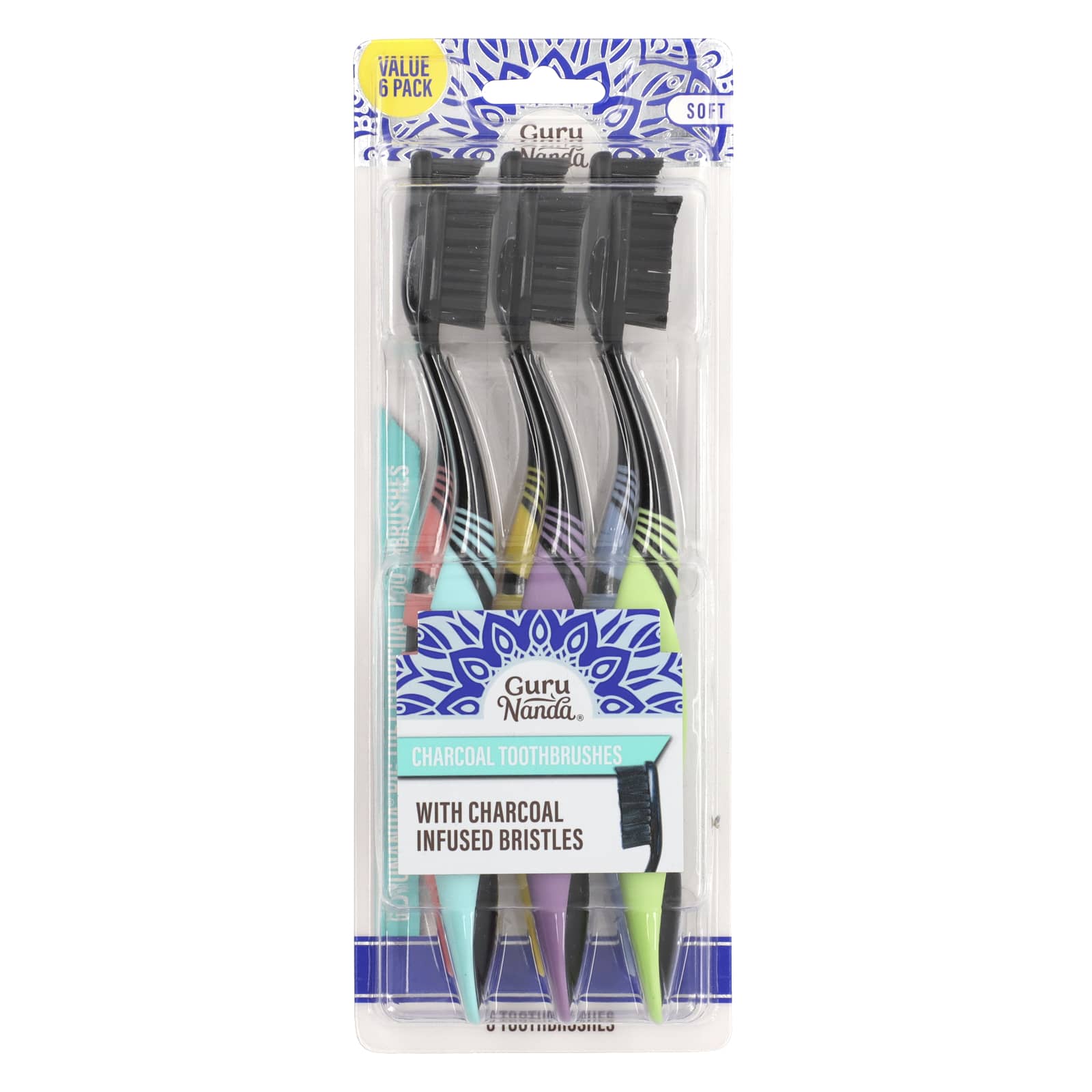 GuruNanda, Big Tuft Charcoal Toothbrushes, Soft , 6 Toothbrushes