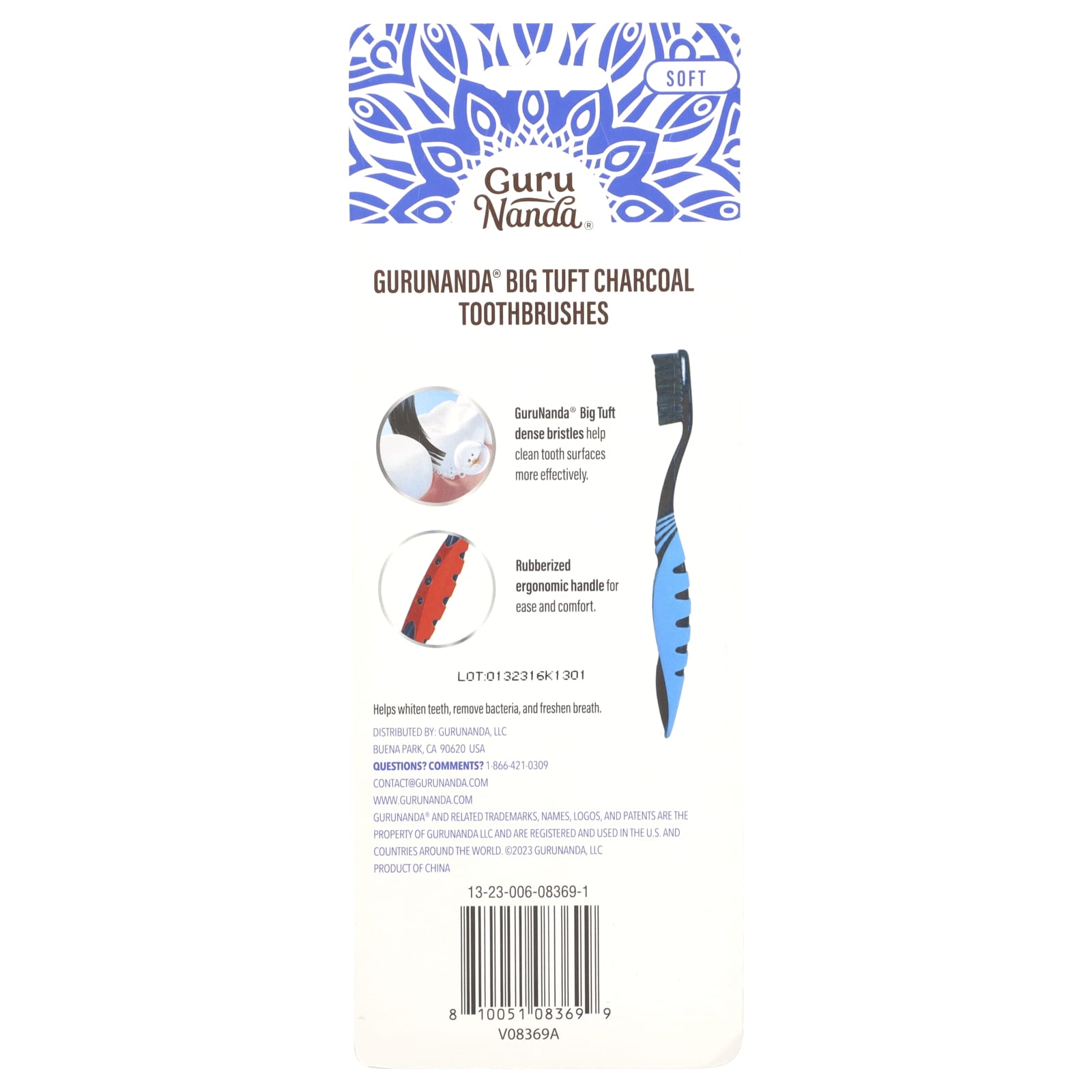 GuruNanda, Big Tuft Charcoal Toothbrushes, Soft , 6 Toothbrushes