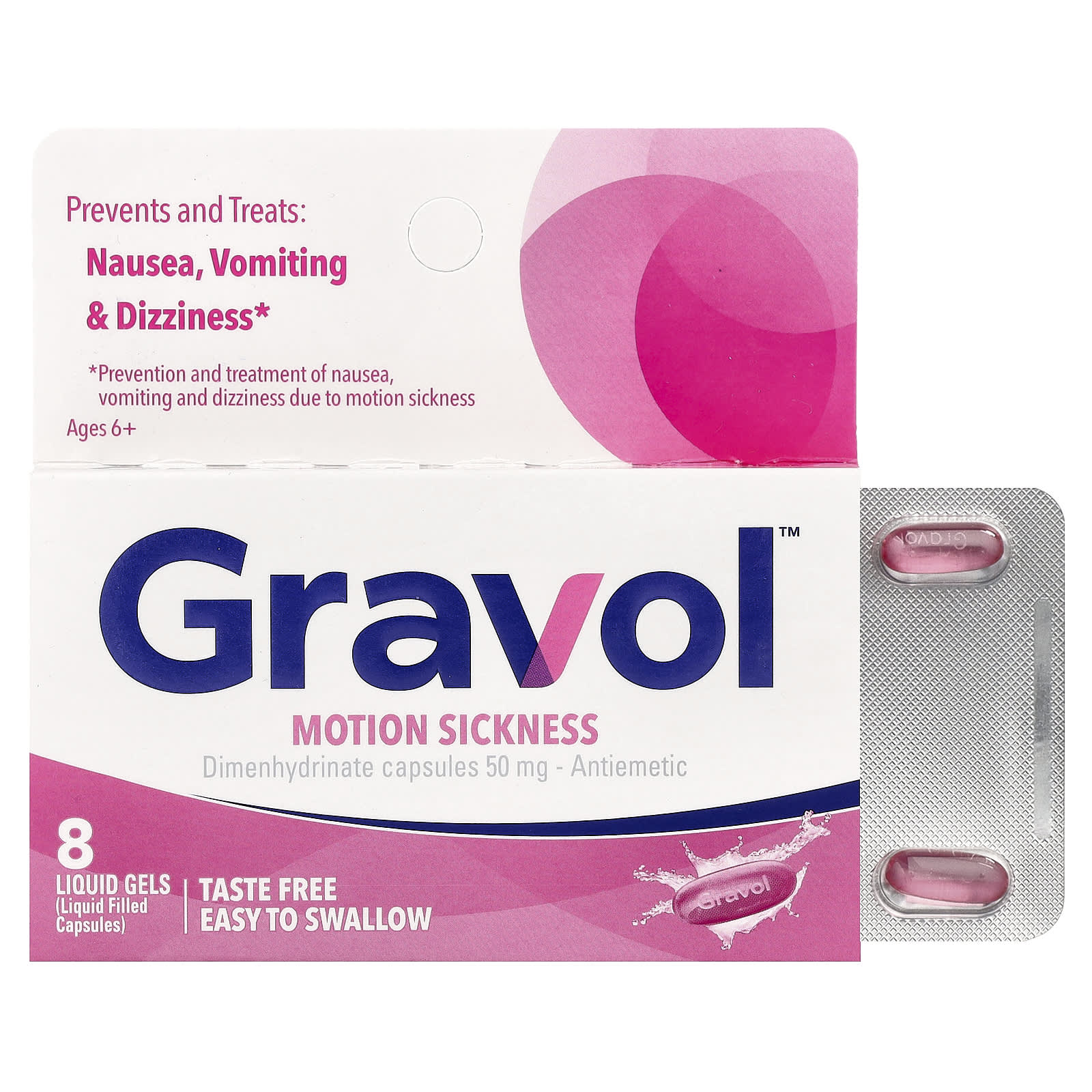 Gravol, от укачивания, для детей от 6 лет, 50 мг, 8 капсул