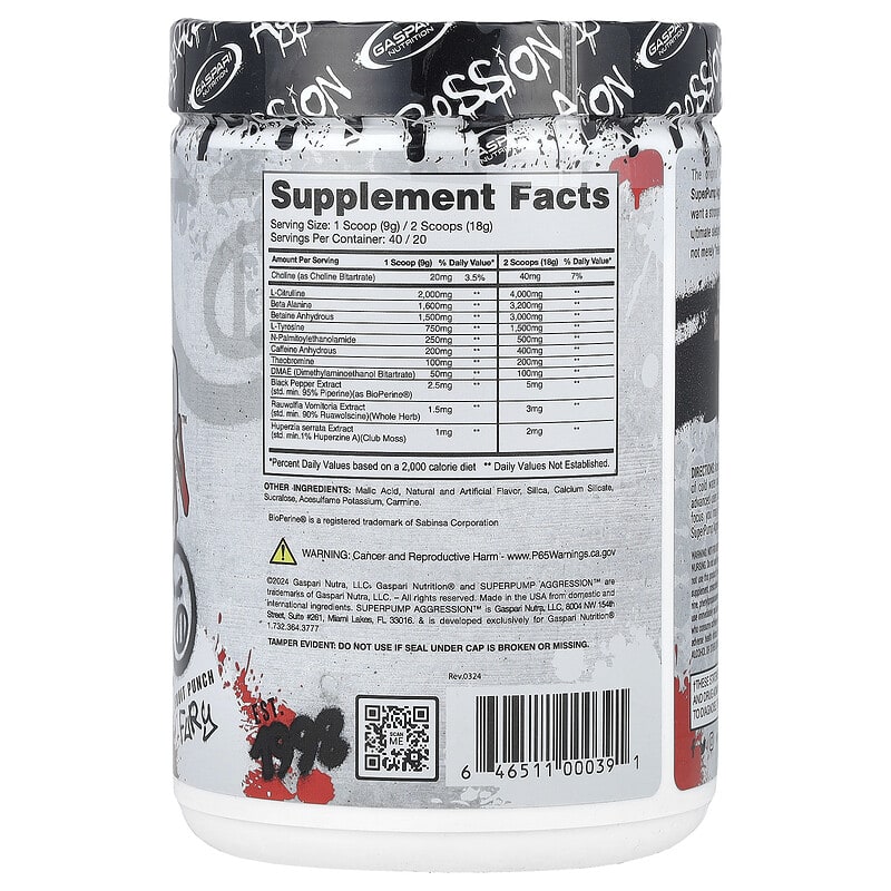 SuperPump Aggression™ Pre-Workout、フルーツパンチ フューリー、360g