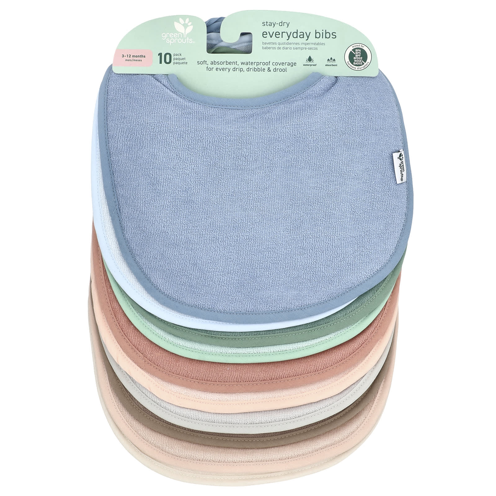 Stay-Dry Everyday Bibs, 3-12 Months, Multicolor, 10 Pack