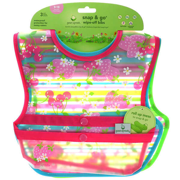 Green Sprouts, Snap & Go Wipe Off Bibs, 9-18 Months, 3 Pack (Discontinued Item) 