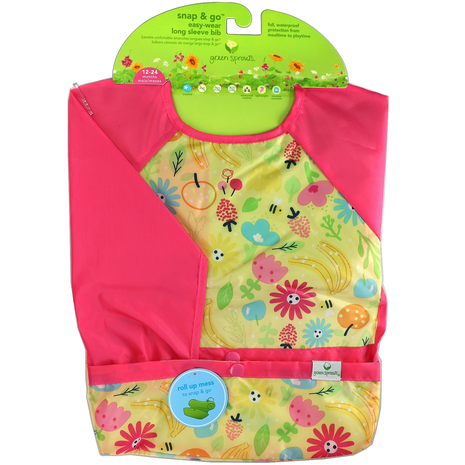 NEW Green Sprouts I Play Easy-wear Long Sleeve Bib in Green/Pink 2-4 years 