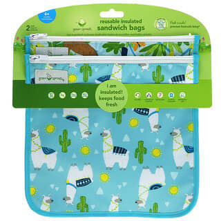 Green Sprouts, Многоразовые изолированные пакеты для сэндвичей, для детей от 6 месяцев, аква ламы, 2 шт.