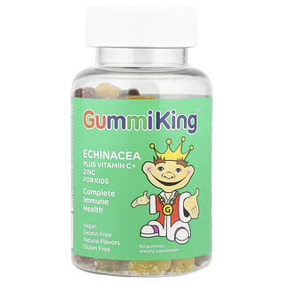 GummiKing, Echinacea más vitamina C y zinc para niños, Fresa, naranja, limón, uva, cereza y pomelo, 60 gomitas