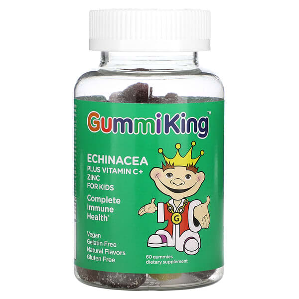 GummiKing, Echinacea más vitamina C y zinc para niños, Fresa, naranja, limón, uva, cereza y pomelo, 60 gomitas
