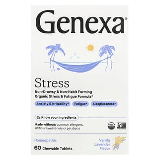 Genexa, Estresse, Fórmula Orgânica para Estresse e Fadiga, Baunilha Orgânica e Lavanda, 60 Comprimidos Mastigáveis