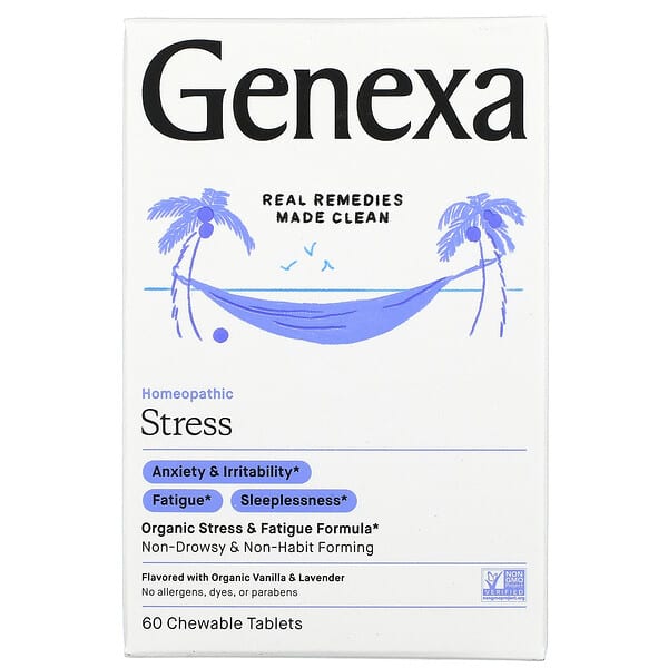 Genexa‏, مكافحة الإجهاد، تركيبة عضوية لمكافحة الإجهاد والإرهاق، بالفانيليا العضوية والخزامى، 60 قرص للمضغ