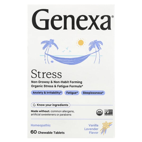 Genexa, Estrés, Fórmula orgánica para el estrés y la fatiga, Vainilla y lavanda orgánicas, 60 comprimidos masticables