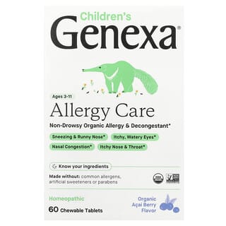 Genexa, Soin contre les allergies pour enfants, Décongestionnant et contre les allergies, Baie d'açaï biologique, 60 comprimés à croquer