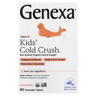 Genexa, Kids´ Cold Crush, 4–11 år, økologisk acaibær, 60 tyggetabletter