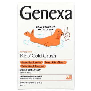 Genexa, 키즈 콜드 크러시, 감기 및 기침 증상 완화, 만 3세 이상, 유기농 아사이베리, 츄어블 60정