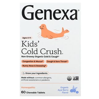 Genexa LLC, Aplastamiento para el resfriado, Resfriado y tos para niños, A partir de 3 años, Baya de asaí orgánica, 60 comprimidos masticables