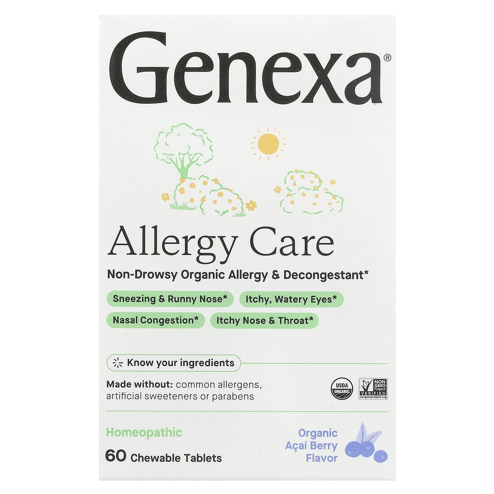 Allergy Care, Non-Drowsy Organic Allergy & Decongestant, Organic Acai Berry , 60 Chewable Tablets