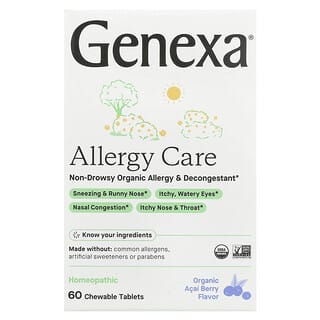Genexa, 敏感護理，不瞌睡有機敏感和減充血劑，有機巴西莓，60 片咀嚼片