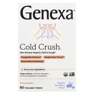 جينيكسا‏, Cold Crush® ، نزلات البرد والسعال العضوية غير المسببة للنعاس ، توت الأساي العضوي ، 60 قرصًا قابلًا للمضغ