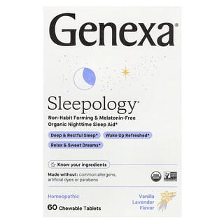Genexa, Sleepology, Somnifère biologique, Vanille et lavande, 60 comprimés à croquer