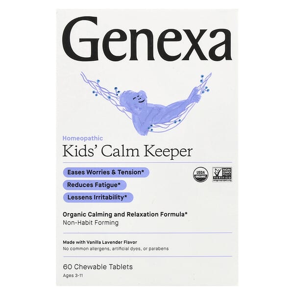 Genexa, Kids´ Calm Keeper, Calming &amp; Relaxation, Ages 3+, Vanilla &amp; Lavender, 60 Chewable Tablets