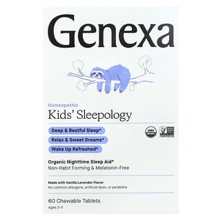Genexa, Sleepology para niños, Ayuda orgánica para dormir por la noche, Sabor a vainilla y lavanda, Niños de 3 años en adelante, 60 comprimidos masticables