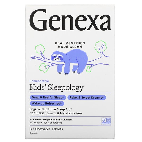 Genexa LLC, Kids' Sleepology, Organic Nighttime Sleep Aid, Ages 3+, Vanilla & Lavender, 60 Chewable Tablets