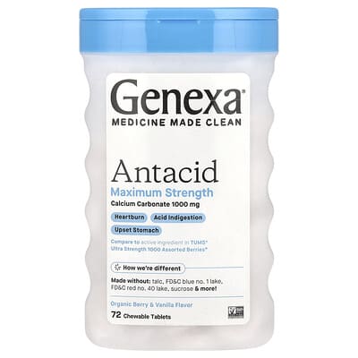 Genexa, Antacid, Maximum Strength, Organic Berry & Vanilla, 1,000 mg, 72 Chewable Tablets