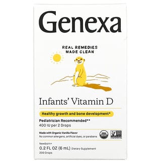 Genexa, Vitamina D para Bebês, Recém-nascido +, Baunilha Orgânica, 200 UI, 200 Gotas, 6 ml (0,2 fl oz)