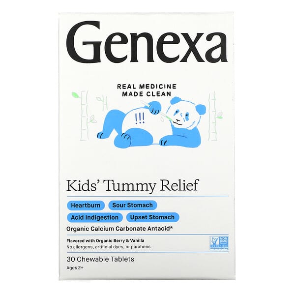 Genexa LLC, Alivio abdominal para niños, A partir de 2 años, Bayas y vainilla orgánicas, 30 comprimidos masticables