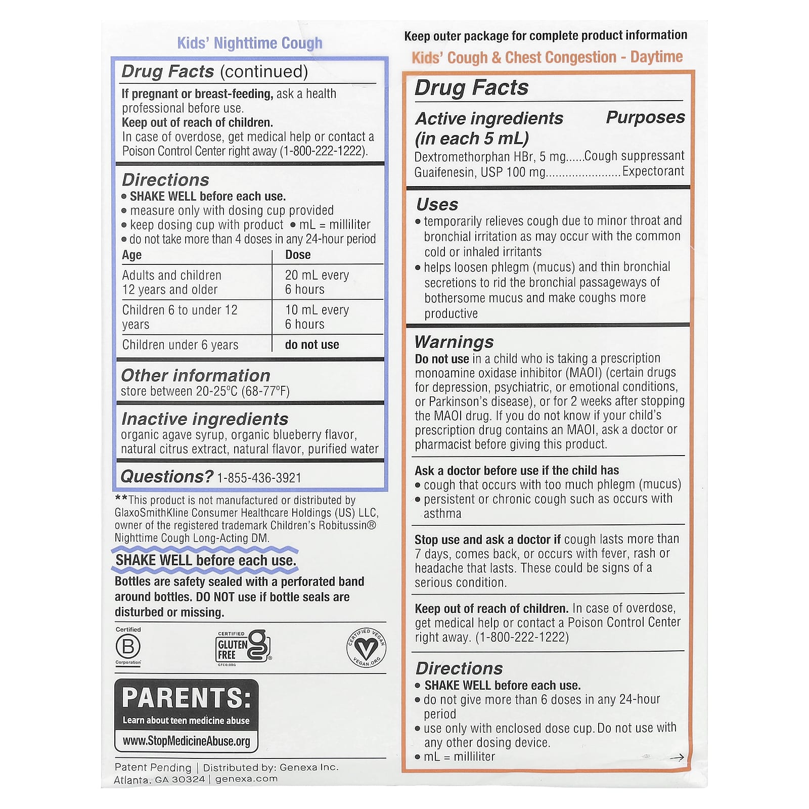 Genexa, Kids' Cough & Chest Congestion Ages 4+, Kids' Nighttime Cough