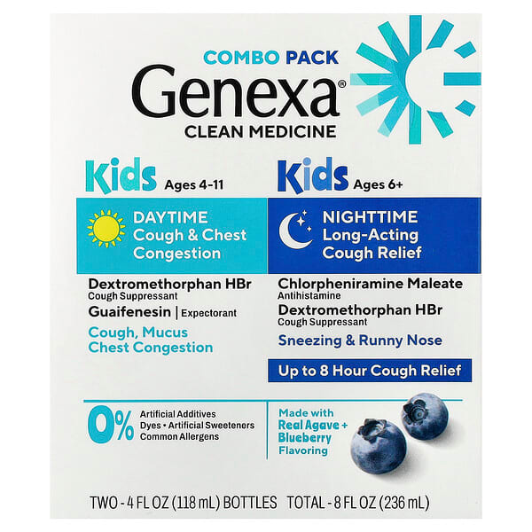 Genexa, 4 歲以上兒童咳嗽和胸悶緩解配方，6 歲以上兒童夜間咳嗽緩解配方，有機藍莓味，2 包，每包 4 液量盎司（118 毫升）