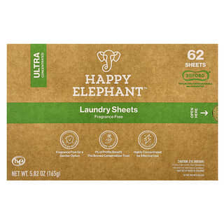 Happy Elephant, Белье для стирки, без отдушек, 62 листа, 165 г (5,82 унции)