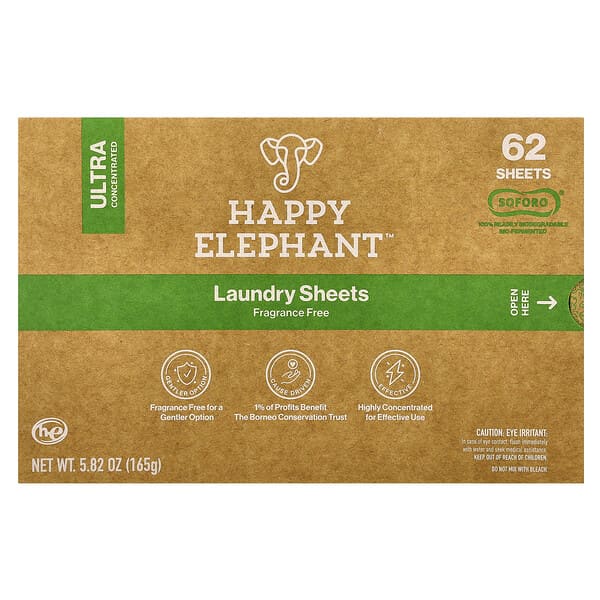 Happy Elephant, 세탁 시트, 향료 무함유, 62매, 165g(5.82oz)