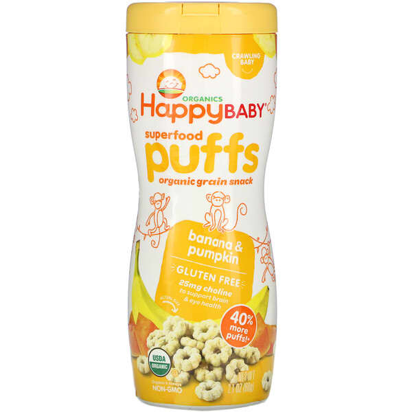Happy Family Organics, Superfood Puffs, Bocadillo de cereales orgánicos, Plátano y calabaza, 60 g (2,1 oz)