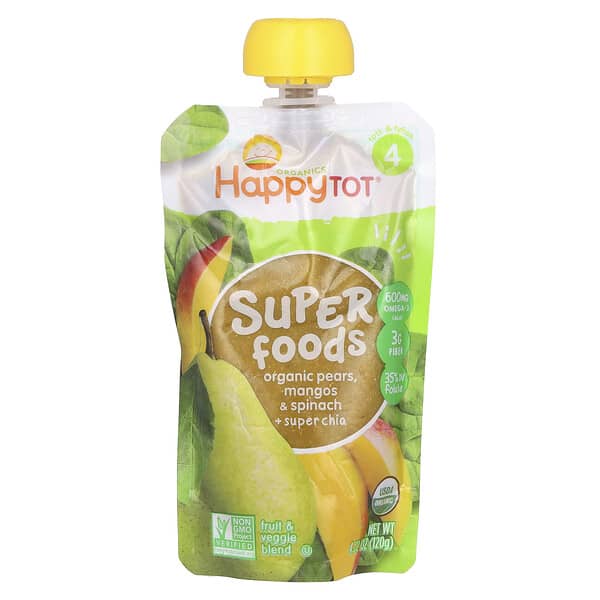 Happy Family Organics, HappyTot，SuperFood，有機梨、芒果、菠菜+超級奇亞，4.22 盎司（120 克）