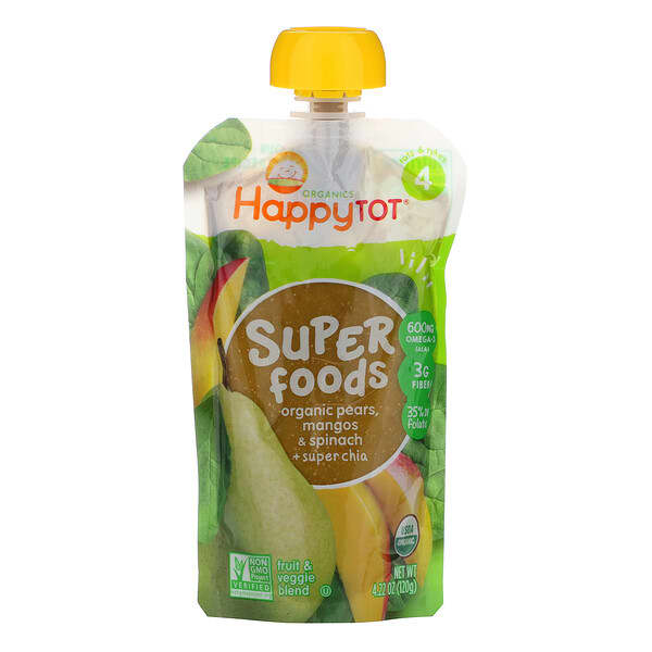 Happy Family Organics, HappyTot, SuperFoods, Stage 4, Organic Pears, Mangos & Spinach + Super Chia, 4.22 oz (120 g)