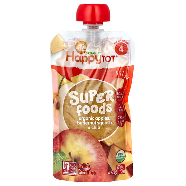 Happy Family Organics, HappyTot® 超級食物，4 段，有機蘋果/油胡桃果泥 + 超級奇亞籽，4.22 盎司（120 克）