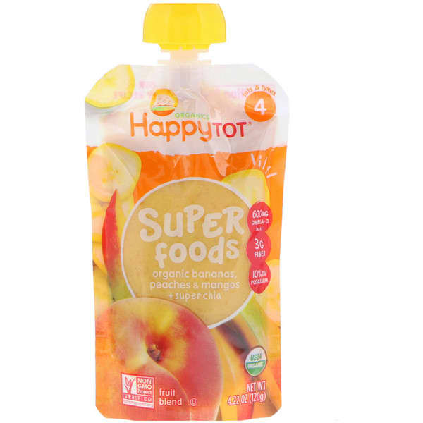 Happy Family Organics, HappyTot, Superalimentos, Plátanos, melocotones y mangos más superchía, 120 g (4,22 oz)