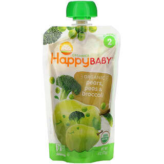 Happy Family Organics, オーガニクスHappy Baby（ハッピーベビー）、ステージ2、6か月以上、オーガニック梨、エンドウ豆、ブロッコリー、113g（4オンス）