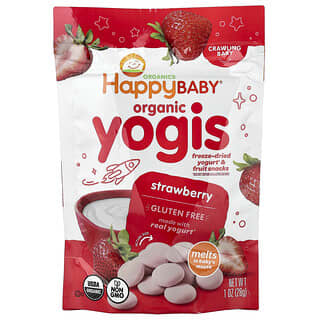 هابي بيبي‏, Happy Baby®‎، ‏Yogis عضوي، وجبات خفيفة من الفواكه والزبادي المجففة بالتجميد، للرضع في عمر الحبو، بالفراولة، أونصة واحدة (28 جم)
