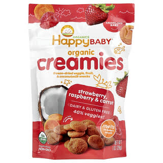 Happy Family Organics, Cremosos Orgânicos, Vegetais Liofilizados, Petiscos de Frutas e Leite de Coco, Morango, Framboesa e Cenoura, 1 oz (28 g)