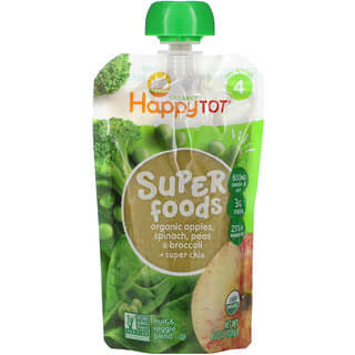 Happy Family Organics, 快樂兒童，SuperFood，4 段有機蘋果、菠菜、豌豆和西蘭花以及超級鼠尾草，4.22 盎司（120 克）