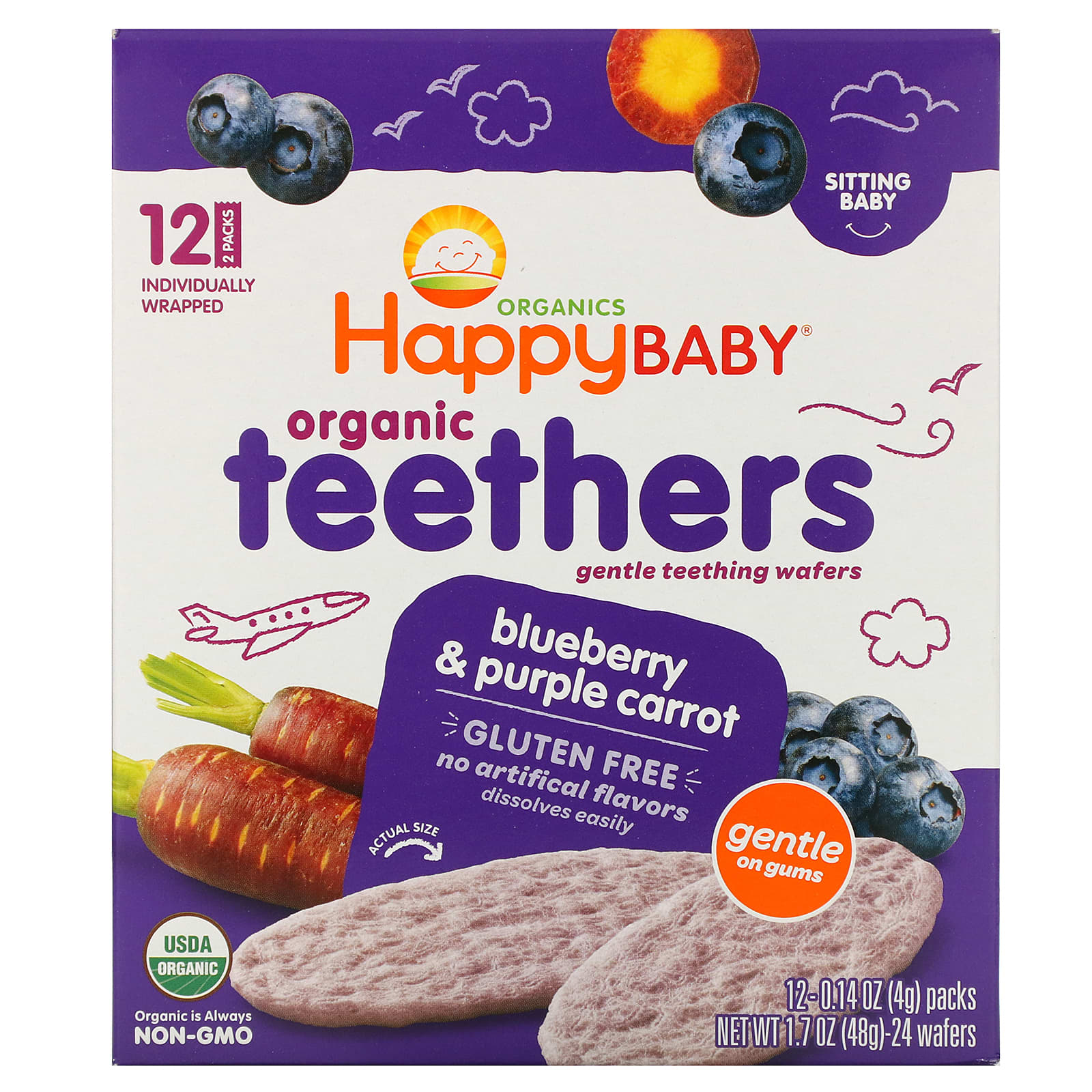 Happy Family Organics オーガニックティーザー ジェントルティーシングウエハース お座りができる赤ちゃん用 ブルーベリー